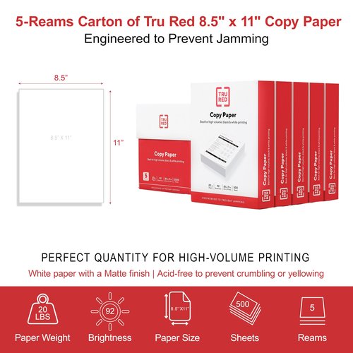 Staples TRU RED Copy Paper, 8.5" x 11" Sheet Size, 92 Brightness, 20 lbs., Smooth Finish White Paper (500 Sheets/Ream, 5 Reams/Carton)