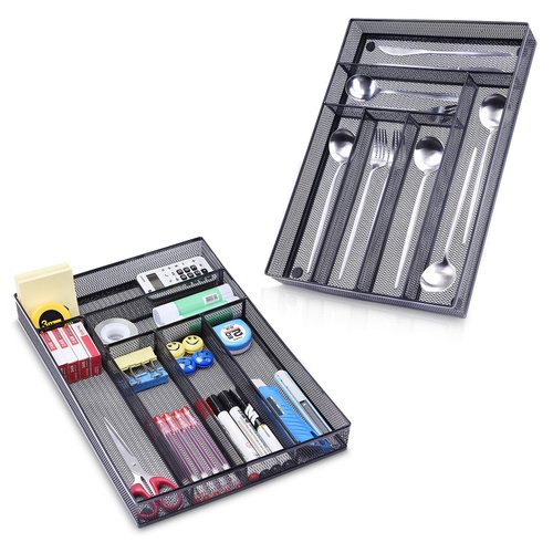 WuGeShop Desk Drawer Organizer with 6 Compartments, Mesh Drawer Organizer Tray for Stationery, Office Supplies Desktop Storage, Black