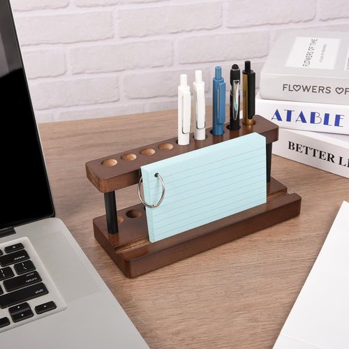 2 Pack Wooden Pen Holder for Desk, Wood Pencil Holder Fountain Pens Display Stand with 9 Slots and Phone Holder, Stylish Office Desk Decor, Pen Organizer for Office, Home