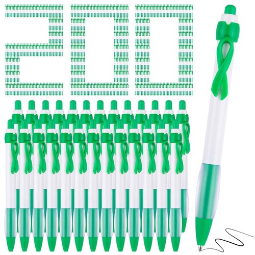 Yexiya 200 Pcs Mental Health Awareness Retractable Pen Green Ribbon Liver Cancer Kidney Disease Awareness Black Ink Ballpoint Pen Bulk with Individual Packed for Charity Volunteers Activities Supply