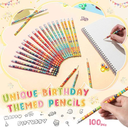 Kosiz 600 Pcs Happy Birthday Pencils Colorful Printed Birthday Pencils with Top Erasers Perfect For Teachers Class Reward Party Kids Gifts Supplies