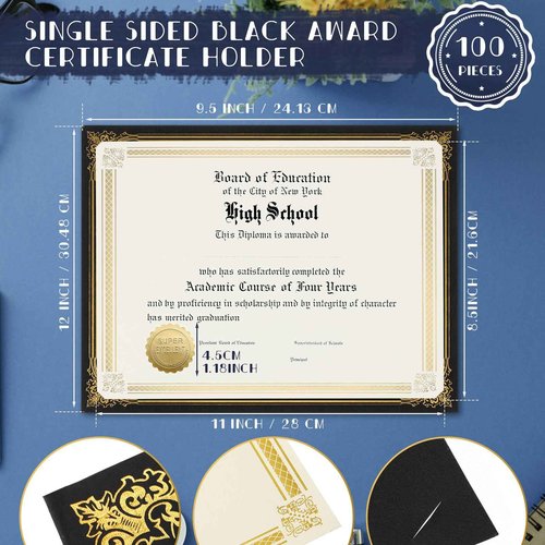 Kosiz 300 Pcs Linen Certificate Holders Kit 100 Gold Foil Certificate Paper 100 Single Sided Linen Diploma Holders 8.5'' x 11'' 100 Gold Foil Award Seals Sticker for Award Accomplishment(Black)