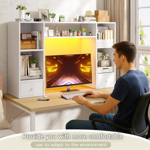 REIBII Desktop Bookshelf with LED Lights,47.2" Desktop Organizer with 6 Shelves and 2 Drawers for Top of Desk,Multipurpose Desk Hutch Dorm with Adjustable Shelves for Home and Office,White