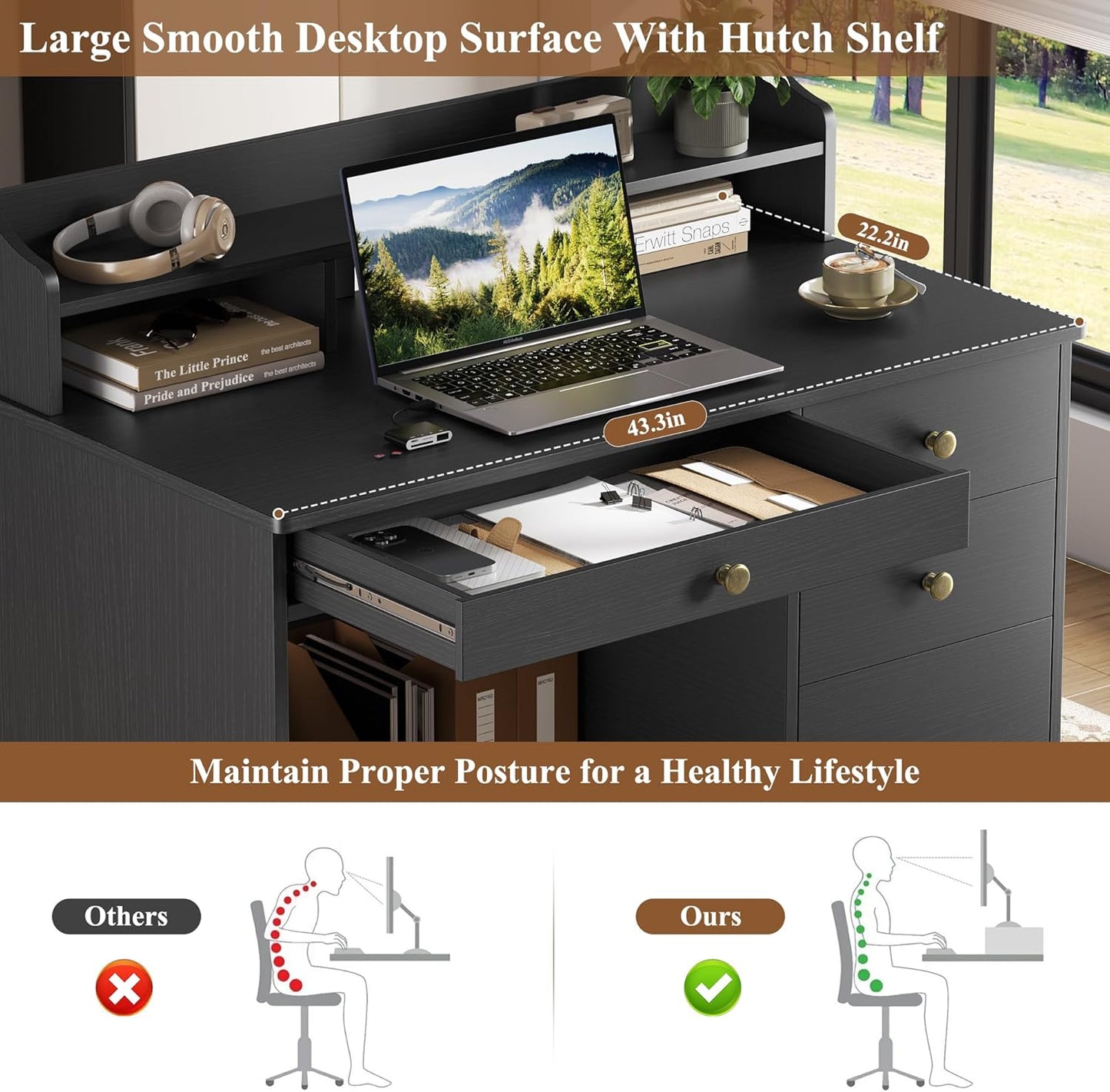 TTVIEW Computer Desk - Wood Writing Table with Drawers & Hutch Shelf | 43” Wide, Black Finish