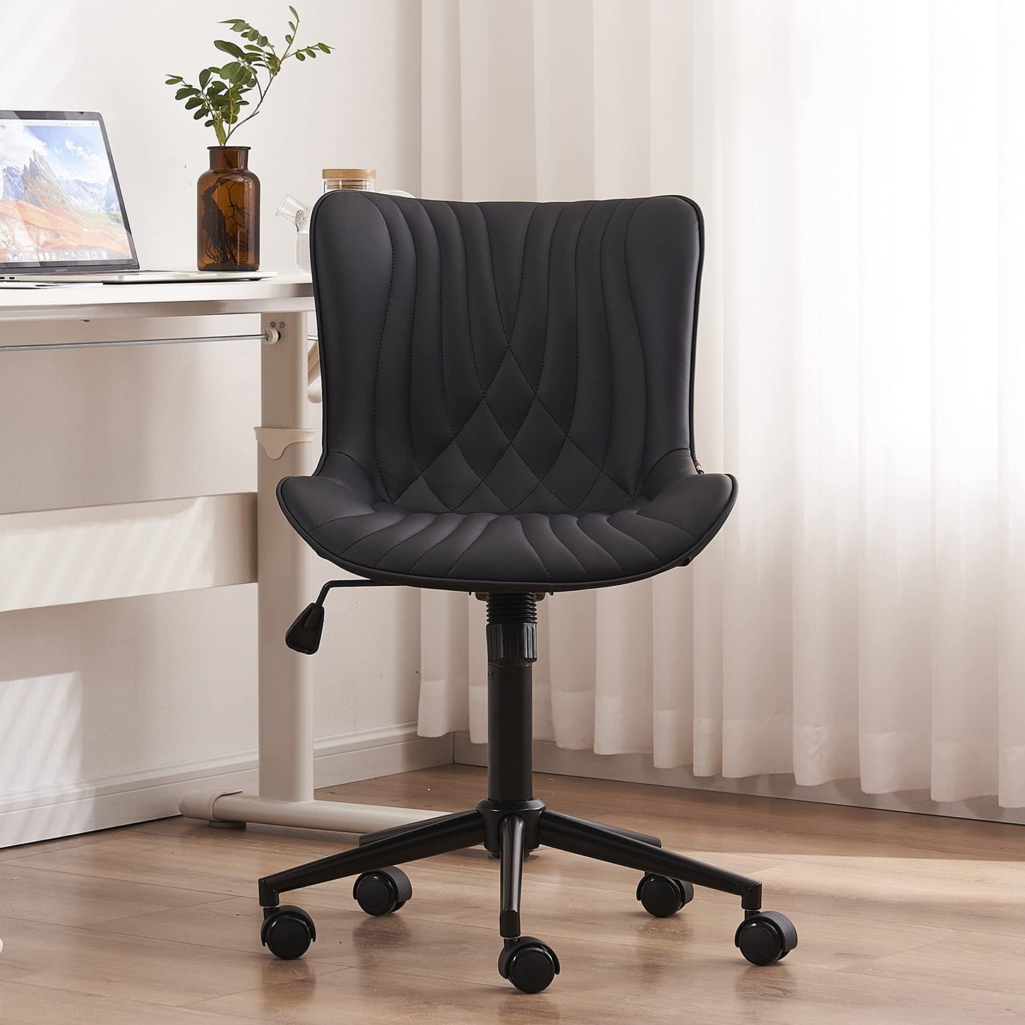 YOUTASTE Black Modern Office Chair, Armless Swivel PU Leather Desk Chair with Wheels, Height Adjustable Rolling Computer Chair with Metal Legs for Bedroom, Home Office, Study, or Vanity
