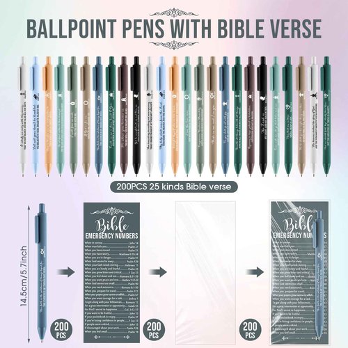 Feifeiya 200 Set Christian Church Gifts 200 Bible Verse Pens Bulk 200 Bible Emergency Numbers Bookmarks Religious Pens Church Visitors Gifts for Men Women(Boho Colors,Classic Style)