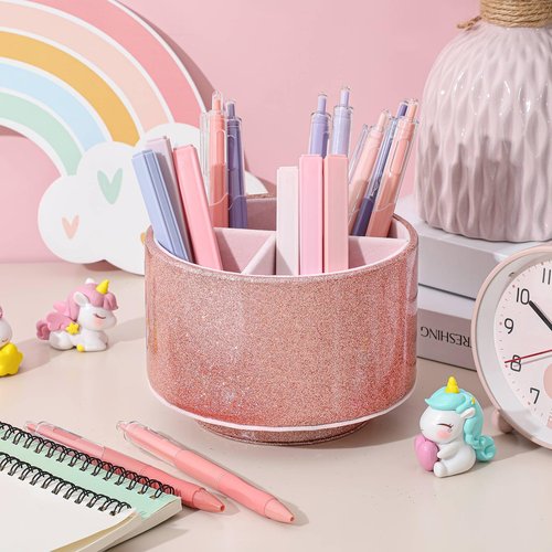 Epakh Pink Pencil Holder for Desk 360 Degree Rotating Bling Rose Gold Pen Organizer PU Leather Glitter Desk Accessories for Gift Women Office Classroom Home Bling Pink(Pen Not Included)