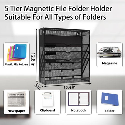 5 Tier Magnetic File Holder, No Drilling Wall File Organizer, Magazine Paper Mail Document Holder/Magnetic Hanging File Organizer for File Cabinets,Whiteboard refrigerator,Office,Classroom(Black)