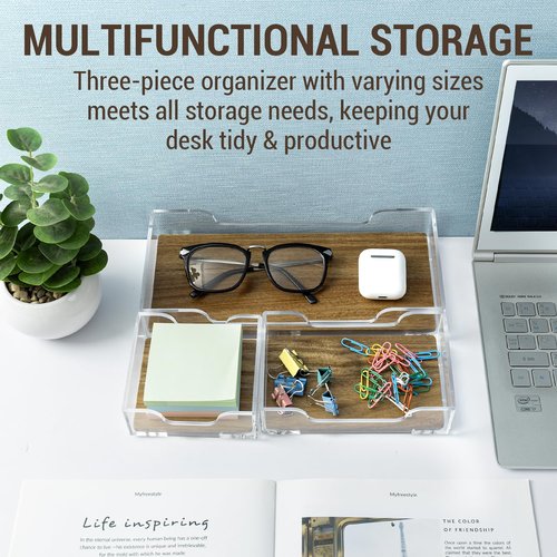 MyGift Premium Clear Acrylic and Acacia Solid Wood Desk Organizer Trays Office Stationery Holders, 3 pc Set