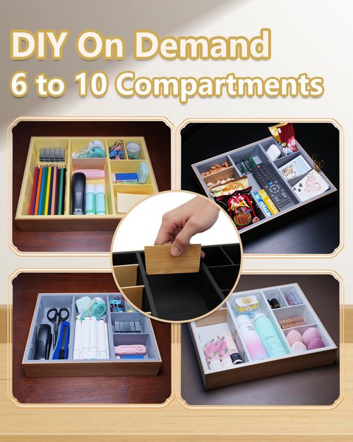 Hitseon Bamboo Desk Drawer Organizer Tray, Silicone Sturdy Junk Drawer Organizer with 10 Adjustable Compartments, Desk Organizers and Accessories with 4 Removable Dividers for Office Home (White)