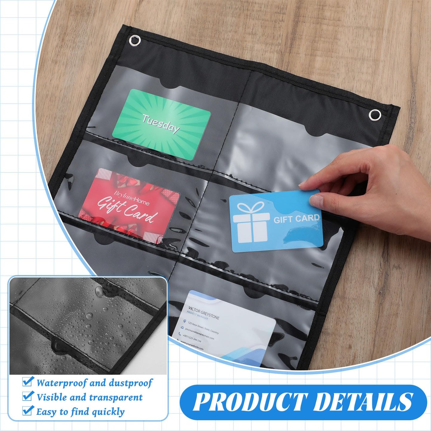 AmazingSpark 4 Pack 4'' x 6'' Index Card Holder Sleeve 16 Slot Plastic Organizer Hanging Wall Mount Business Note Card Holder PVC Clear Organizer Pocket for Classroom Office Library Home (Black)