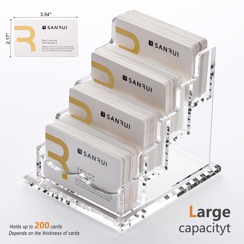 SANRUI Clear Acrylic Business Card Holder for Desk Display Stand Holders Organizer Rack , 4 Tier 4 Pocket , Holds 200 cards