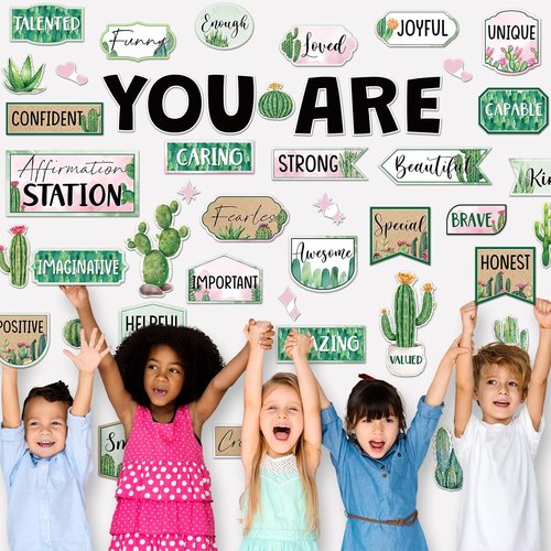 Skiennix 45-Piece Cactus Affirmation Station Set - Motivational Posters & Cutouts for Classroom Decor