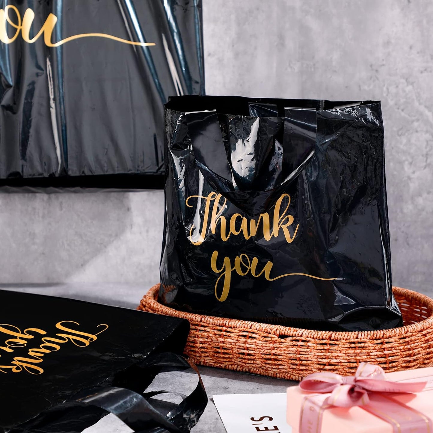 Teling Thank You Merchandise Bags - 200 Pcs Bulk with Handles | 3 Sizes: 9x12'', 12x15'', 15x18'' (Black)