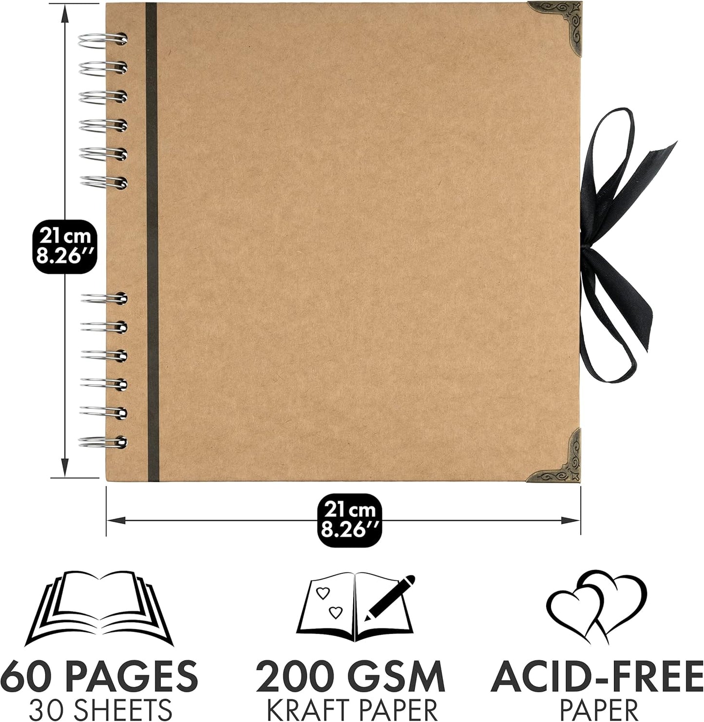 Bstorify Scrapbook Album - 60 Pages, 8x8 Inch, Brown Thick 200gsm Kraft Paper | Perfect for Art & Craft Projects