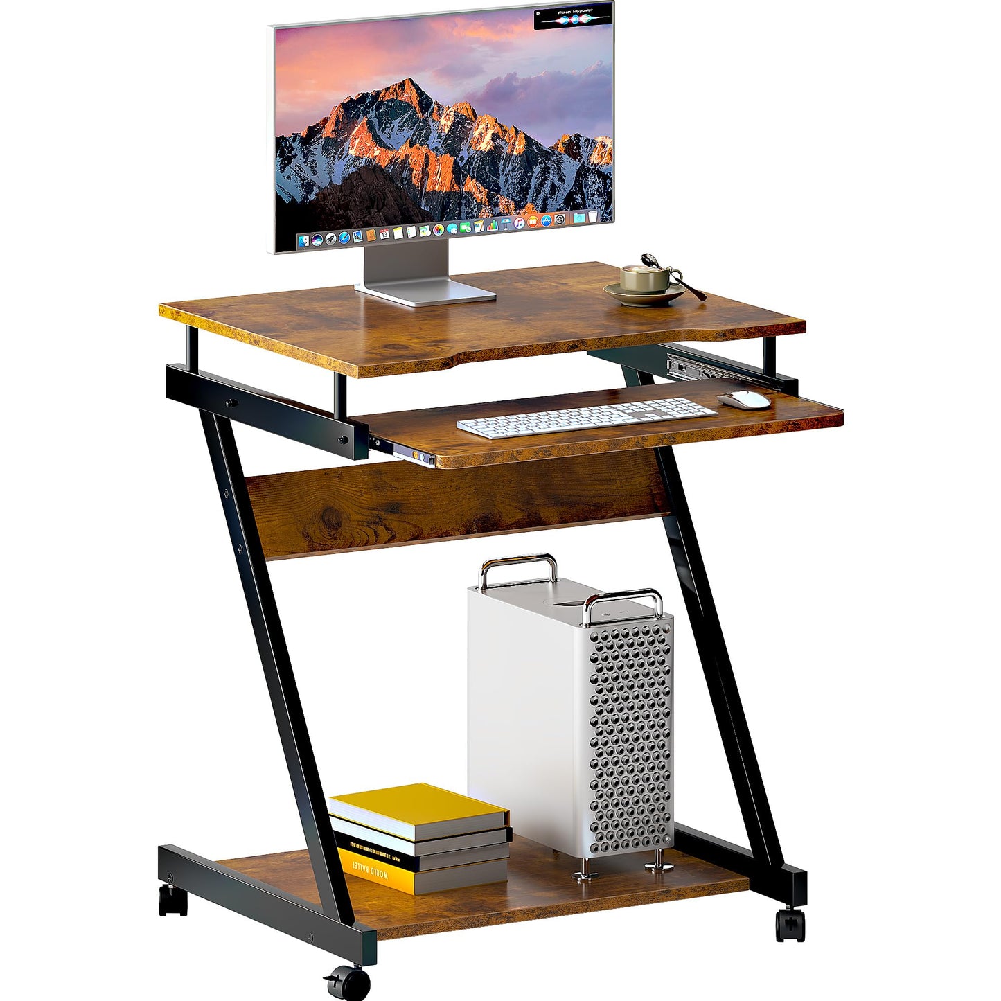 soges Small Rolling Computer Desk, Z Shape Laptop Desk Cart on Wheels, Mobile Computer Workstation for Home and Office with Keyboard Tray, Rustic Brown
