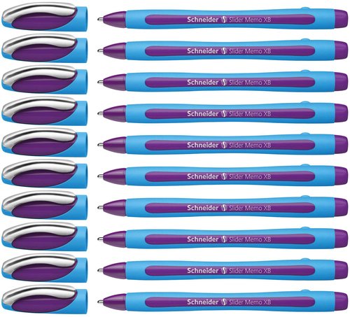 Schneider Slider Memo XB (Extra Broad) Ballpoint Pen, 1.4 mm, Light Blue Barrel, Violet Ink, Box of 10 Pens (150208)