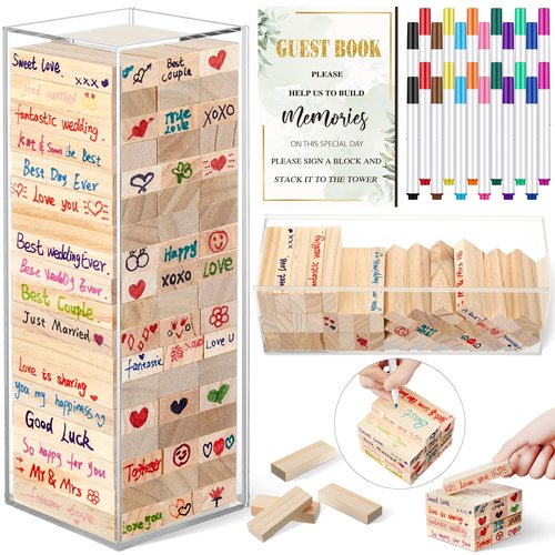 Beeveer 80 Pcs Wedding Guest Book Alternative Wooden Block Guest Book for Wedding Sign in Bridal Shower Decoration Wooden Block Bridal Shower Game for Sign in, Reception(Greenery)