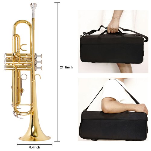LOMUTY Standard Bb Trumpet for School Band Orchestra Brass Trumpet With Hard Case 7C Mouthpiece Cleaning Cloth Gloves, Children and Adults Beginner Teaching Brass Instrument, Christmas Birthday Gift.