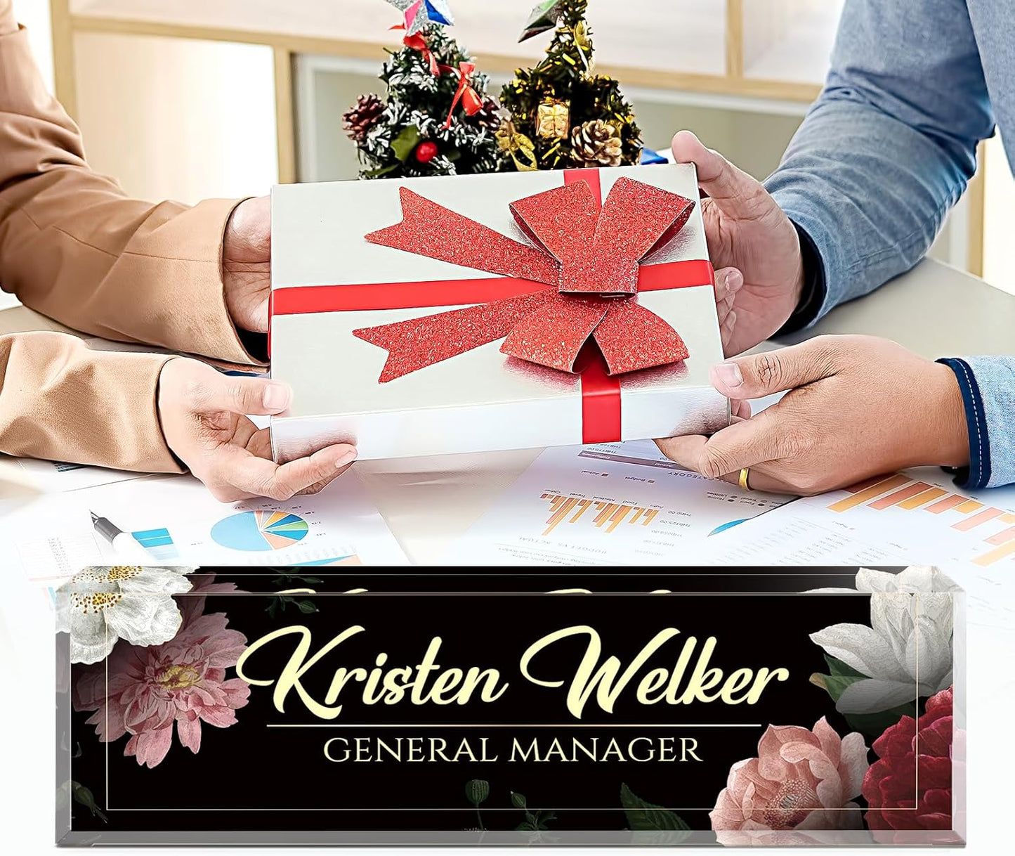 Skiennix Personalized Desk Name Plate - Elegant Acrylic Office Decor for Professionals | Black Floral Design