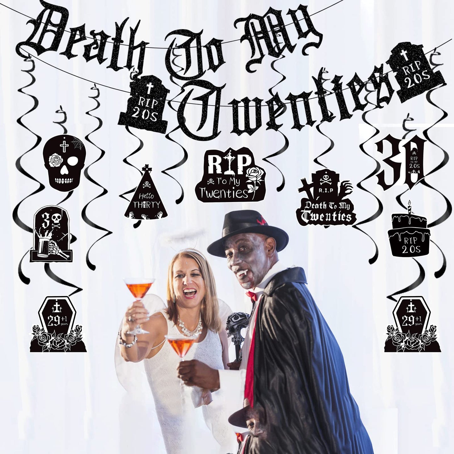 Refavor Death to My 20s Decorations - 14pcs Black 30th Birthday Party Decorations Banner Hanging Swirls Rip to My 20s Birthday Decor Party Ceiling Supplies Women Men Funeral for My Youth Party Decor