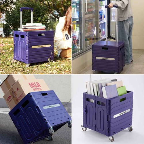 Folding Utility Cart Portable Rolling Crate Handcart Foldable Shopping Trolley Collapsible, with Lid, on Wheels, for Grocery, Garden, Office, Storage, Teacher, Tool (Purple)