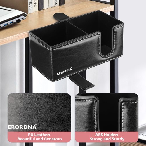 Erordna 4-in-1 Desk Cup Holder - Clamp On Under Desk Rotating Headphone Stand & Faux Leather Storage with Detachable Cup Holder/Phone Slot