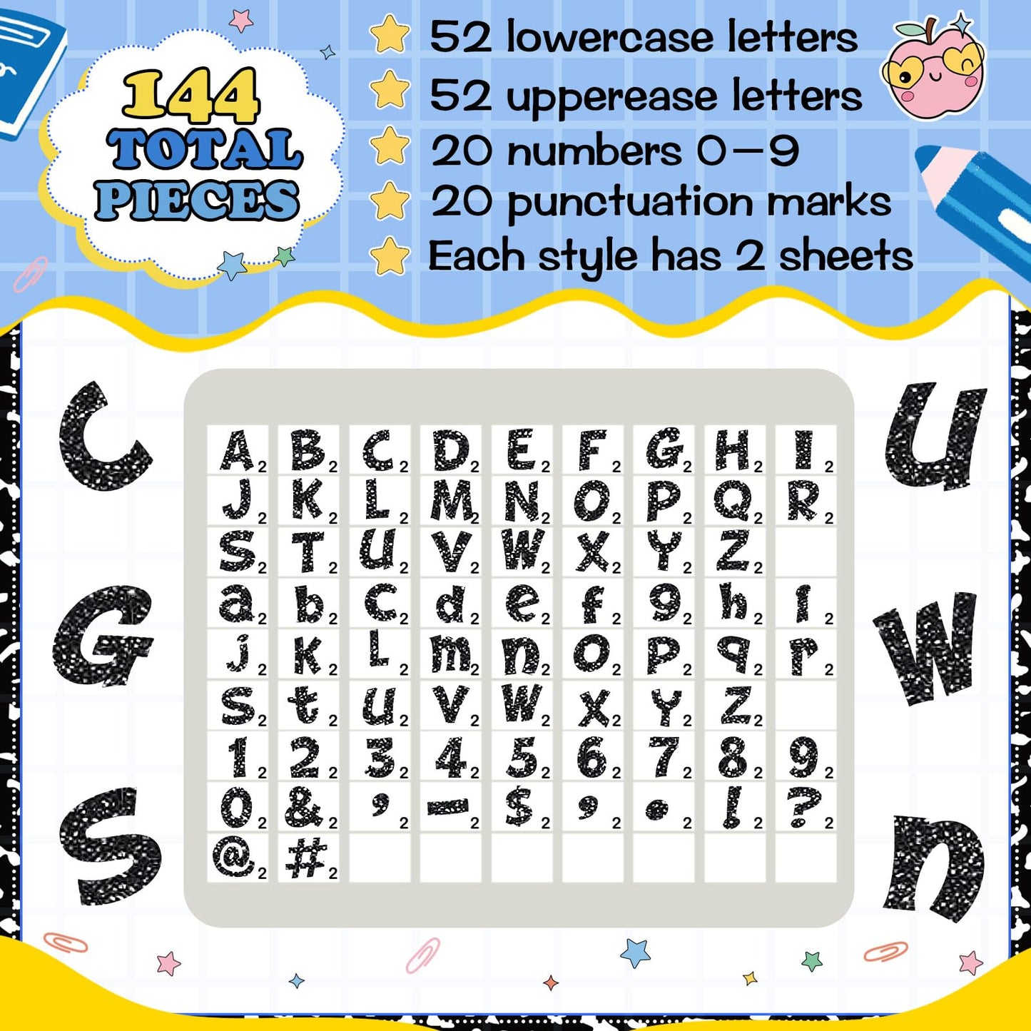 Colarr 144 Pcs Glitter Bulletin Board Letters for Classroom Number Alphabet Punctuation Symbol Cutout 4'' Die-Cut Poster Letter with Adhesive Dot School Party Holiday Decor Display(Black)