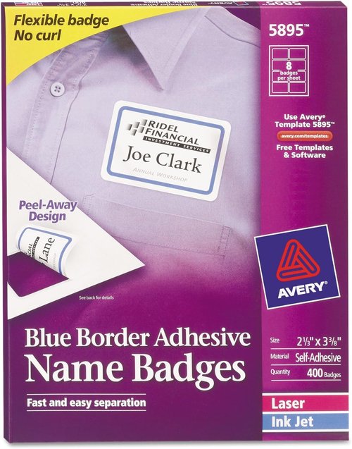 Avery Name Badge Labels - Flexible Laser/Inkjets - White with Blue Border - 2 1/3" x 3 3/8" - 400 Labels