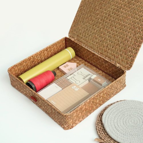 FEILANDUO Shelf Baskets with Lids Wicker Storage Baskets for Shelves Organizing Natural Seagrass Rattan Woven Organizer Boxes Boho Home Decor
