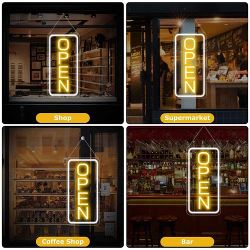 22.8"x 11.8" Ultra Bright 12V Neon Open Sign for Business, LED Open Neon Sign, Electric Light up Signs for Stores, Restaurants Offices Retail Shops Window (Yellow-White-Vertical)