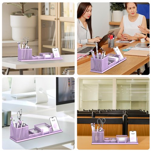 SUPEASY Pen Holder for Desk, 6 Piece Mesh Desk Organizer set, Desk Accessories for Office Organization with Mail Organizer, Letter Phone Holder, Sticky Notes Caddy Storage, Purple
