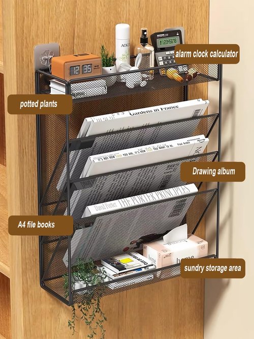 ZNMYDMT 5 Tier Mesh Wall File Organizer,3 Pockets vertical Mount Hanging Organizer with Top/Bottom Tray | 2 Hooks | Wall Mount & Door Hanging for Office Home