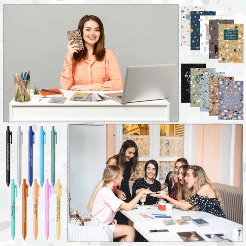 PerKoop 100 Sets Christmas Mini Pocket Notebook with Pens Bulk Motivational Employee Appreciation Gifts Inspirational Marbling Notepad with Colorful Pens for Teacher Coworker Team