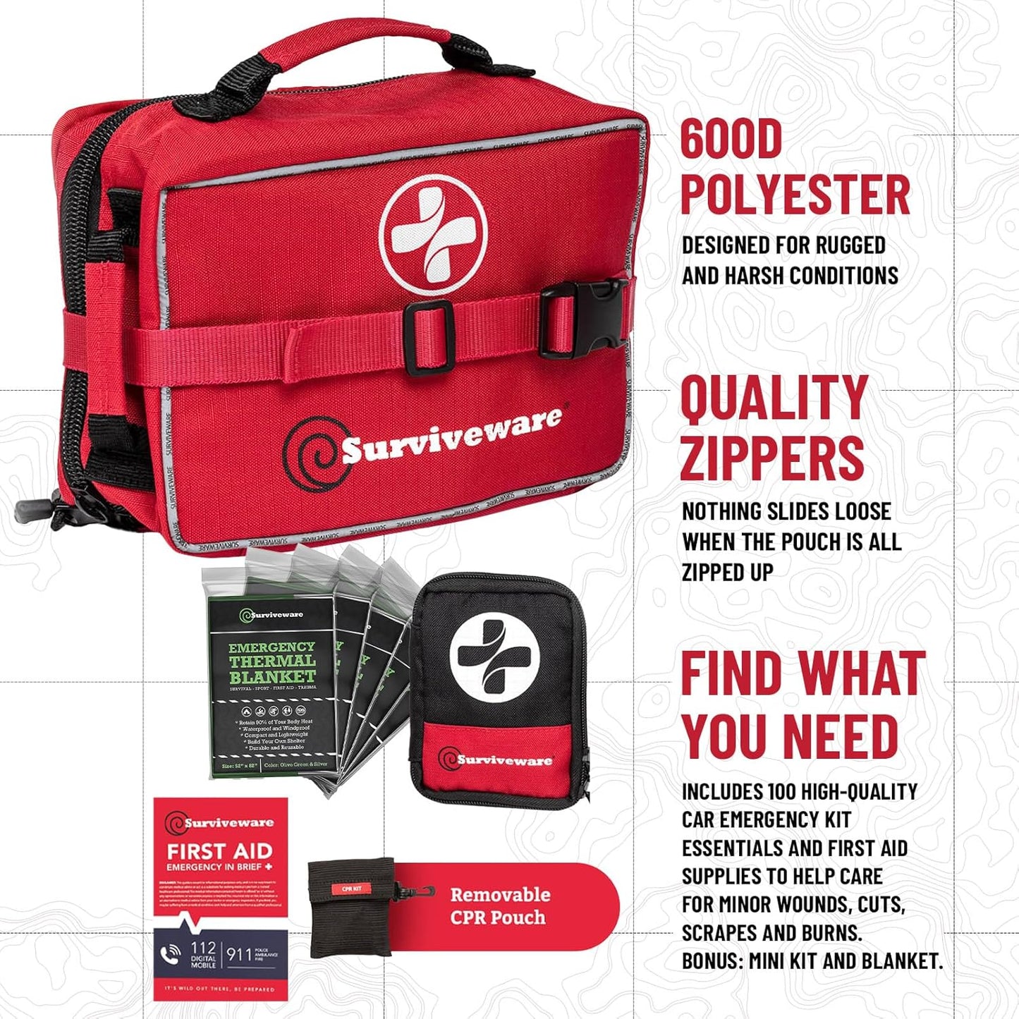 Surviveware 238 Pcs Premium Survival First Aid Kit - Essential Medical Gear for Travel, Camping & Home Emergencies