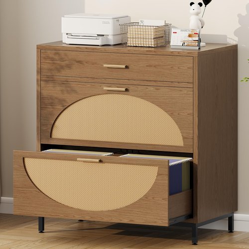 Lateral File Cabinet with 3 Drawers, Eco Rattan Wood File Cabinet for Home Office, Large Filing Storage Cabinets Printer Stand for Letter/Legal/A4 Size Hanging File