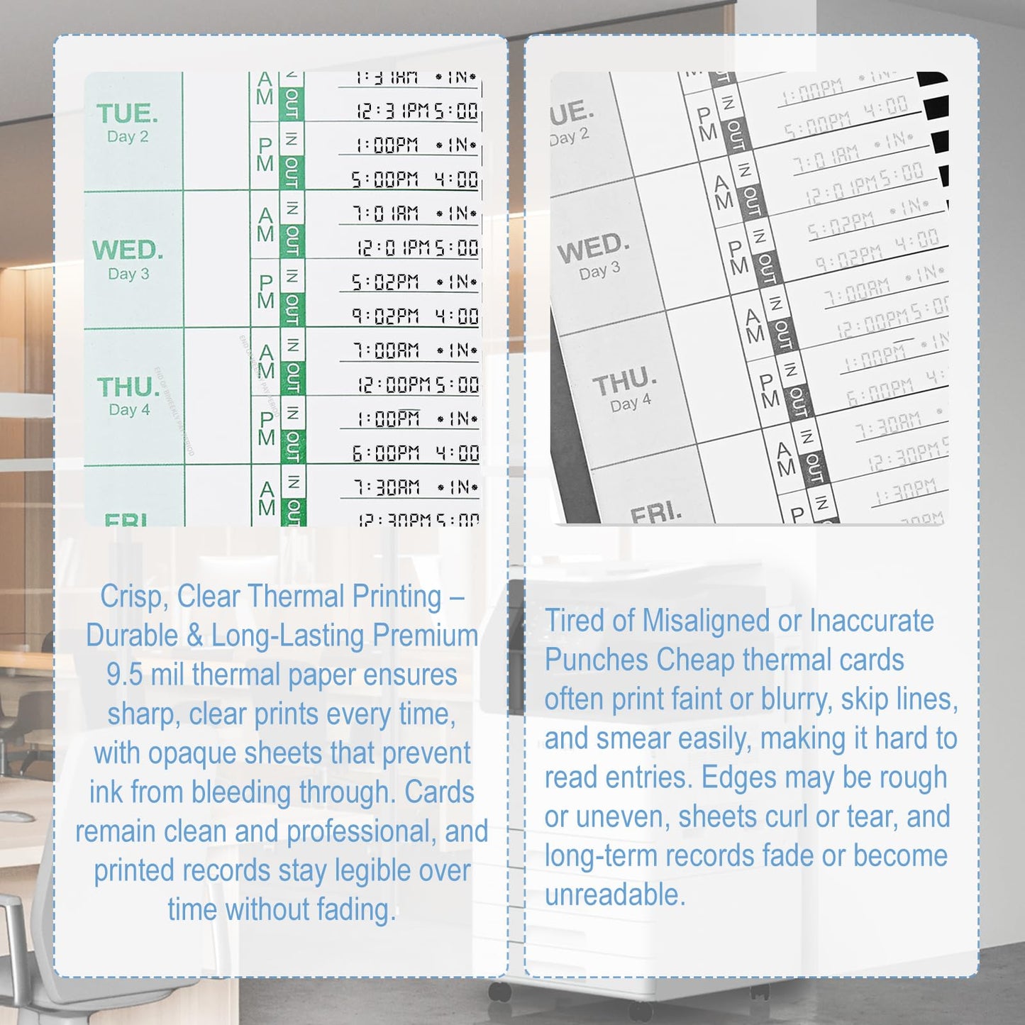 300 E8 Thermal Time Cards, Compatible with Lathem 2100HD & 800P Time Clocks Single-Sided with Named Days E8 Thermal Print Timesheets