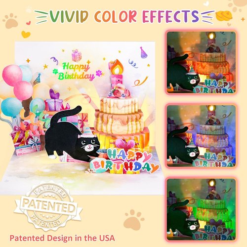 FITMITE Cute Cat Birthday Card - Music, Lights & Blowable Candle | Funny Pop-Up Design for Cat Lovers