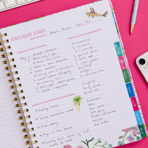 Lilly Pulitzer Jumbo Daily Planner August 2025 - December 2026, Weekly and Monthly Agenda with Stickers, Pockets, and Spiral Binding (Bluette Lil Barefoot Beachcomber)