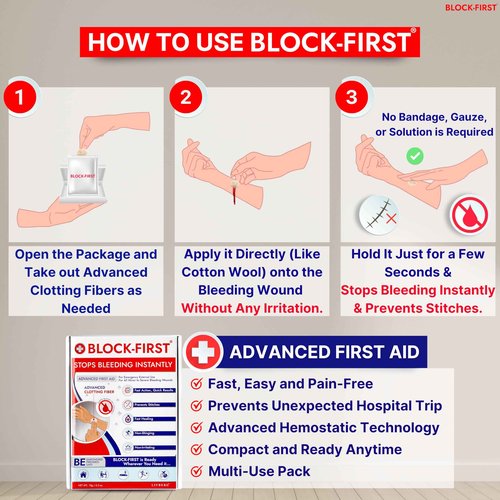 BLOCK-FIRST Advanced First Aid Kit– Stops Bleeding Instantly & Prevents Stitches, Emergency Trauma Medical Kit for Home, Car, Travel, Camping, Hiking, Office, Sports, Outdoor Survival, Multi-Use Pack