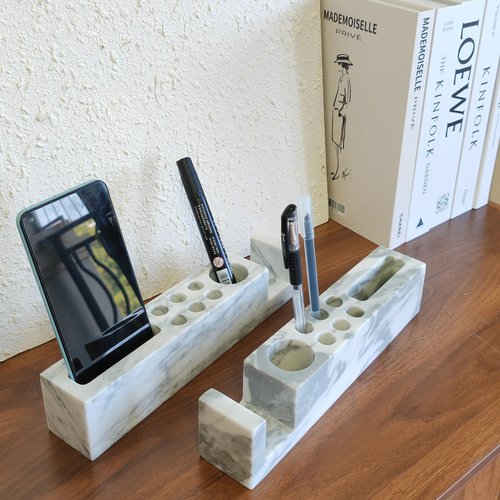 SIRIZEN-DIVING Natural Marble Pen Holder for Desk Docking Station Desk Accessories & Desk Organizer Phone Solid Stone Rulers Pencil Holder for Office (phone&pen white holder)
