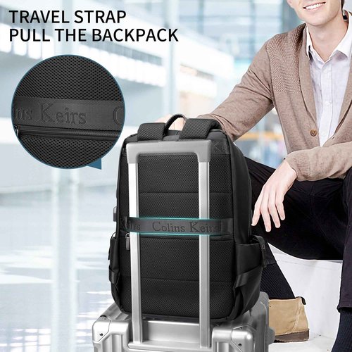 Colins Keirs 17 inch laptop backpack for men, business travel computer backpack with USB charging port and headphone jack, college school bookbag, black, large, 25 L