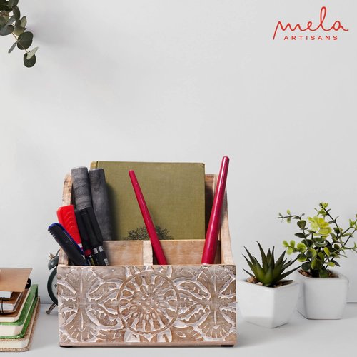 Mela Artisans Natural Wood Letter Holder for Desk w/Rustic Touch - Hand-Craved Wooden Desk Organizer - Multi-Purpose Wood Desk Organizer - Portable Shelf for Desk - 7.2” x 5.1” x 7.3”