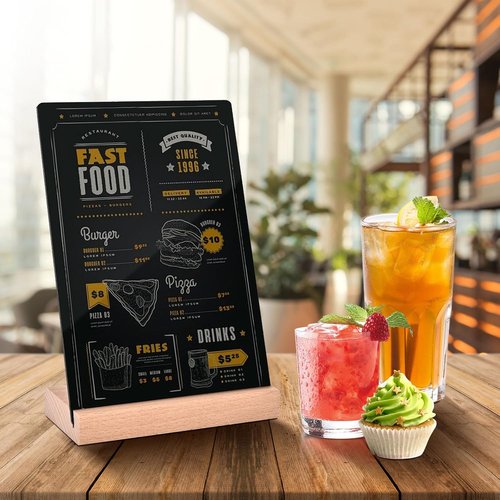 Pintuson Mini Chalkboard Signs - 4 Pack Double-Sided Acrylic Boards - 8x6 Inch with Beech Base for Menus & Table Numbers