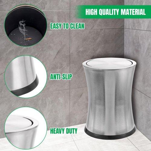 Bennett Swivel-A-Lid Small Trash Can, Stainless Steel Attractive 'Center-Inset' Designed Wastebasket, Modern Home Décor, Round Shape (Silver)