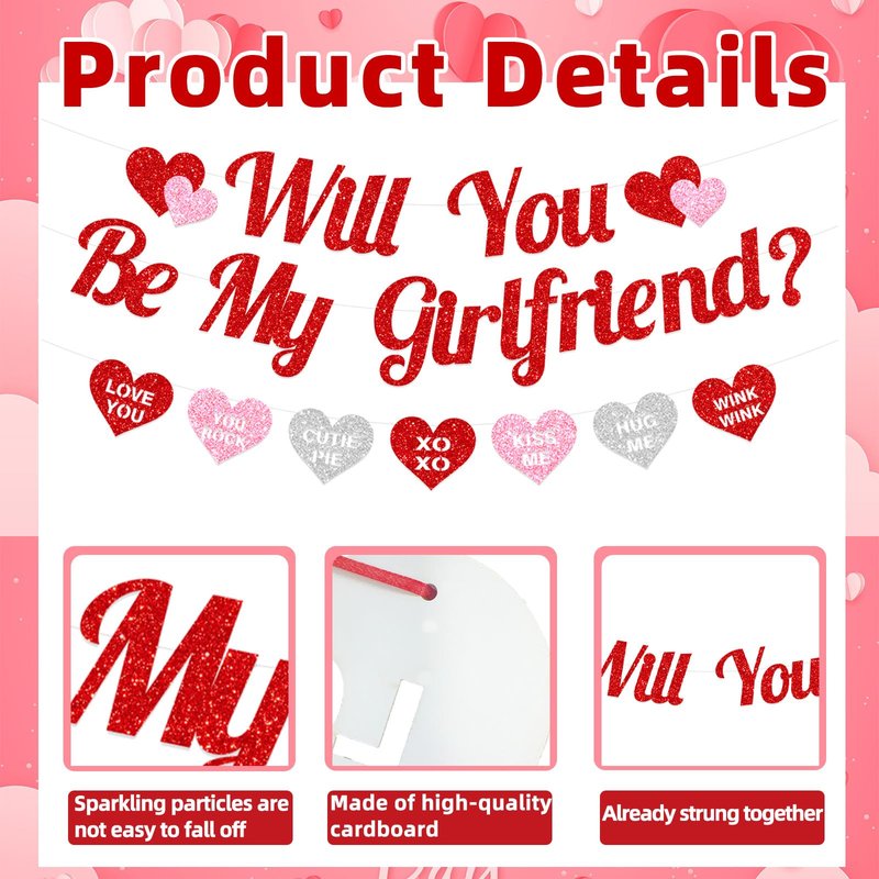 Red Glitter 'WILL YOU BE MY GIRLFRIEND' Proposal Banner with Heart-Shaped Cute Love Message Sign for Romantic Special Night Decorations, Engagements, Proposals, and Valentine's Day Party Supplies
