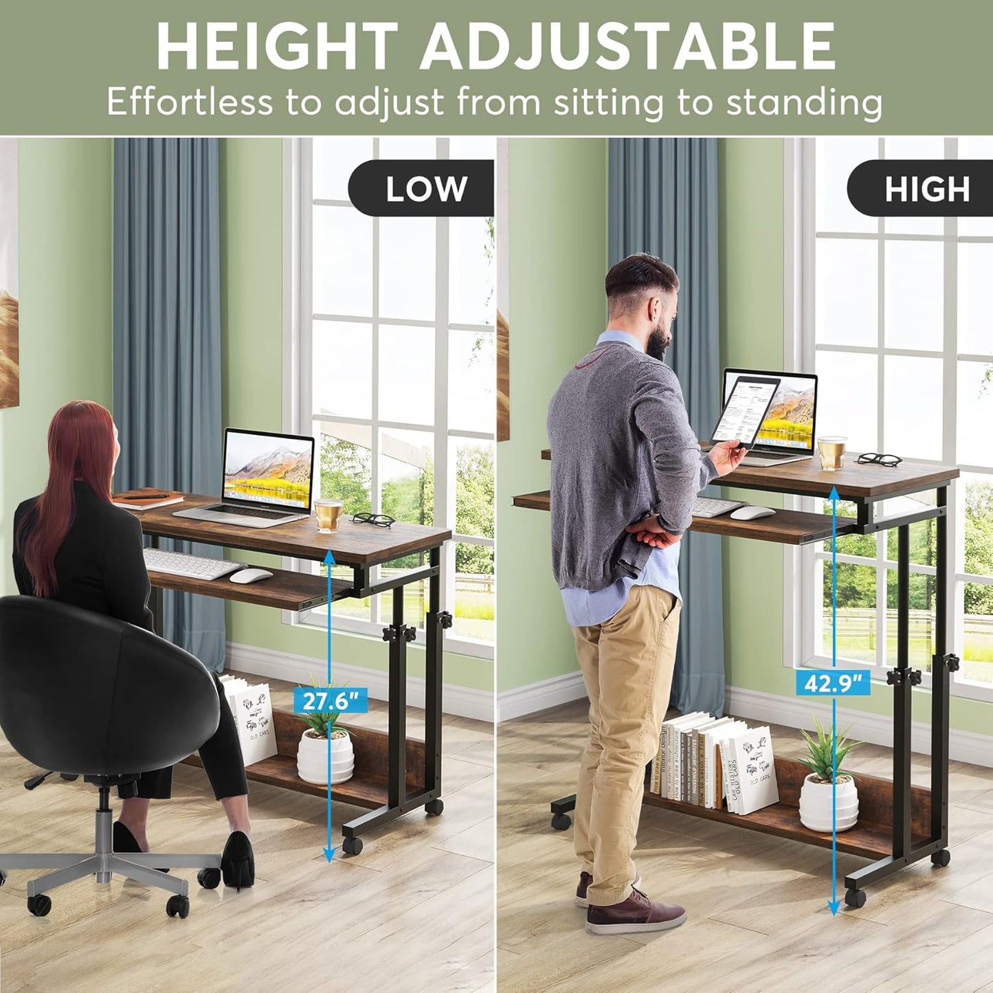 Tribesigns Portable Laptop Desk - Height Adjustable Rolling Computer Cart with Keyboard Tray | Small Size for Home Office