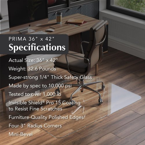 Vitrazza Glass Office Chair Mat – 36” x 42” Desk Mat with Clear Safety Glass/Creates Smooth, Easy Glide/Protects Against Carpet Imprints/Perfect for Home and Office Spaces (Chiaro)