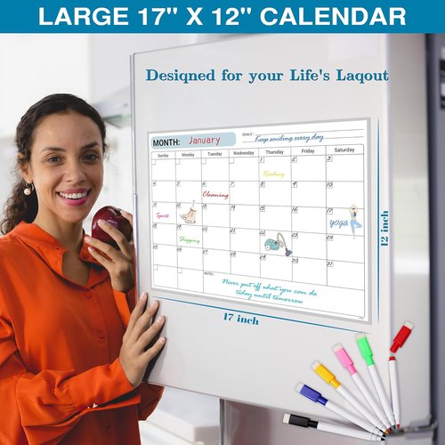 Magnetic Monthly Calendar by [Brand Name] - 17" x 12" Undated Fridge Planner with Erasable Blocks & 6 Markers