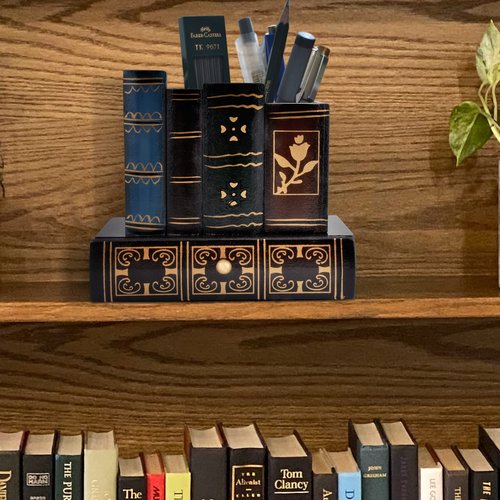 POWER UNICO FLOWER Vintage Book Pen Holder Retro Pen Desk Organizer with Drawer Wooden Fake Book Shaped Pencil Cup for Home Office Study Library (116)